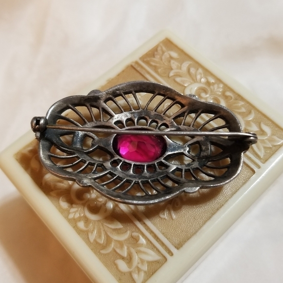 Art Deco 1930s Synthetic Ruby Marcasite Brooch Sterling Silver - Picture 4 of 5